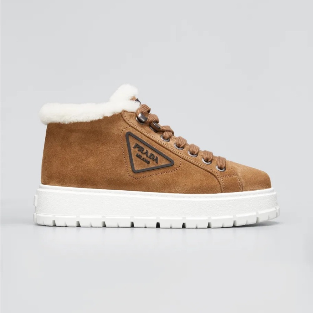 Prada brown suede shearling sneaker bootie lace up sz 35.5 new, no box/dustbag